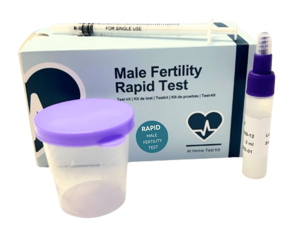 Male Fertility Rapid Test kit with container and vial on a white background