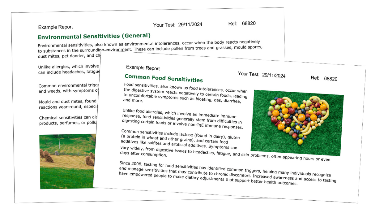 Two printed informational sheets about environmental and food sensitivities, with one sheet showing a green square labeled 'Known Triggers' and the other showing 'Common Food Sensitivities.'.
