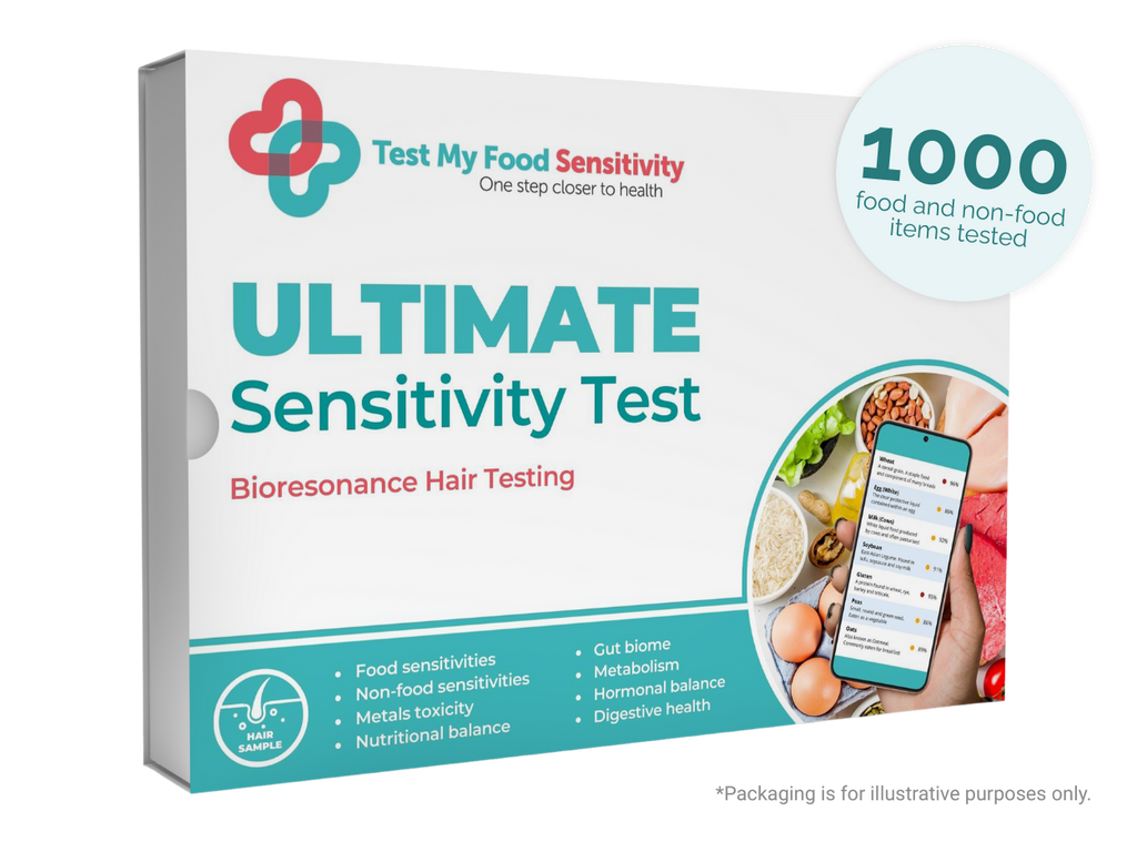 Box for 'Test My Food Sensitivity' Ultimate Sensitivity Test with branding and product details.