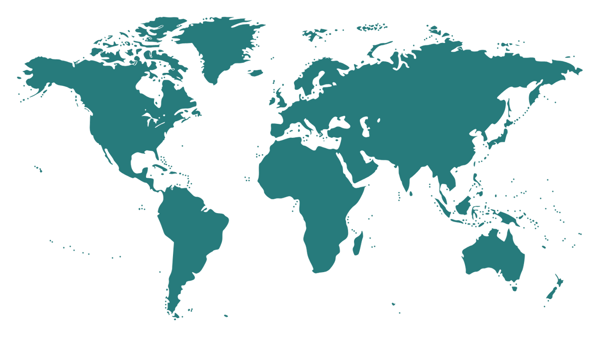 A teal-colored world map silhouette on a plain white background.
